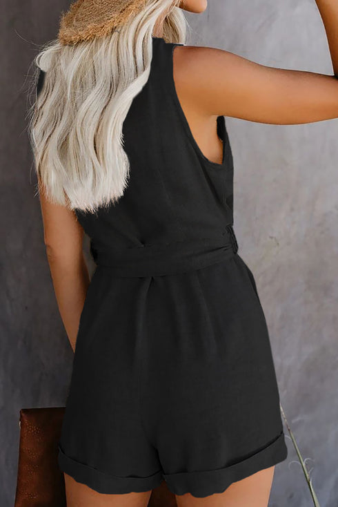 Button V Neck Romper With Belt
